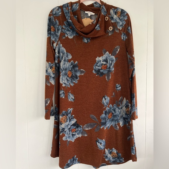 NEW Andree by Unit Brown Sweater Dress Blue Floral Cowl Neck Buttons Size L - Picture 3 of 15